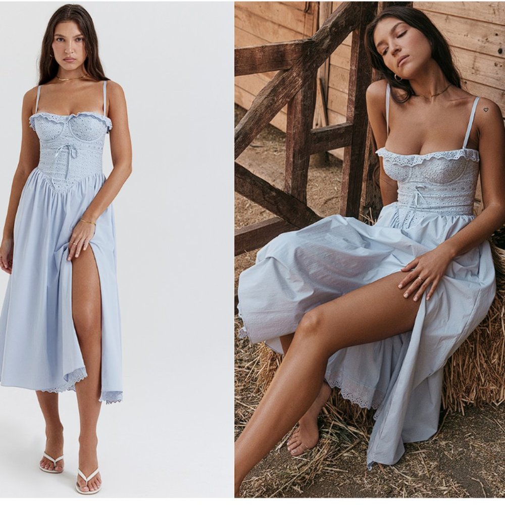 HOUSE OF CB 'Jaime' Soft Blue Broderie Anglais Midi SunDress NWOT